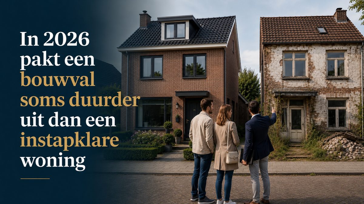 Kopers bekijken met een makelaar het verschil tussen een instapklare woning en een bouwval