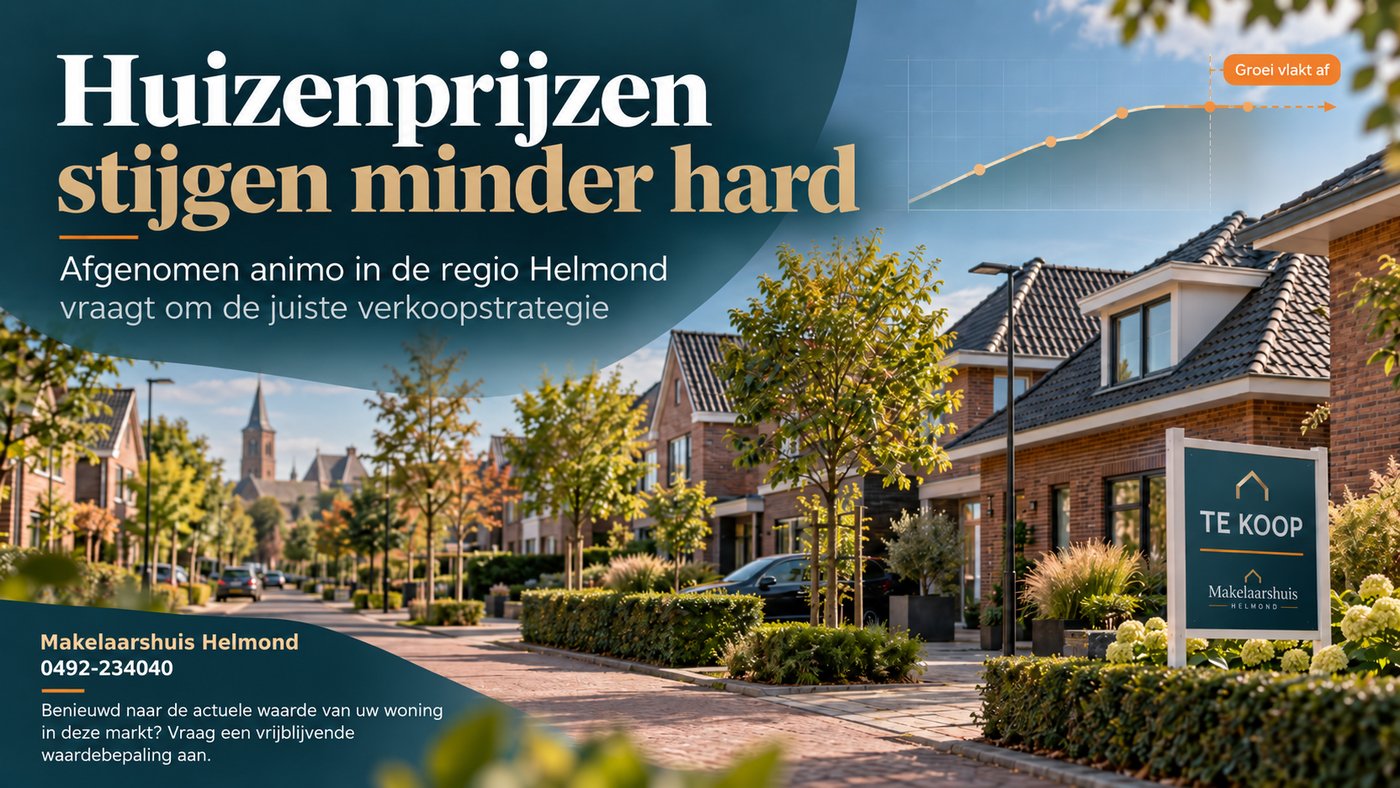 Straat met woningen en een te koop-bord van Makelaarshuis Helmond, met een grafiek waarin de groei van de huizenprijzen afvlakt