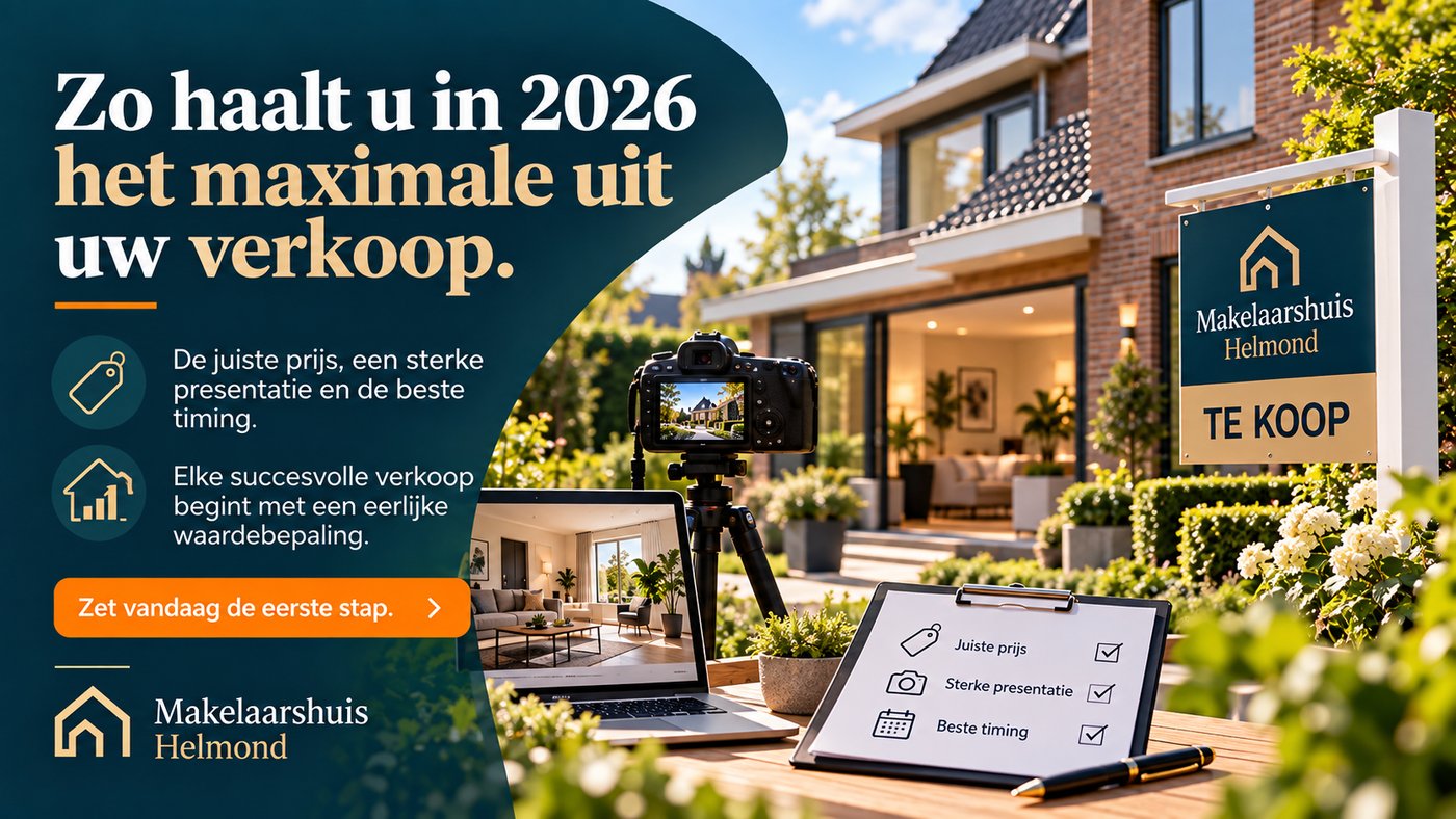 Verkoper en makelaar voor een woning met een verkocht-bord als beeld van een succesvolle woningverkoop