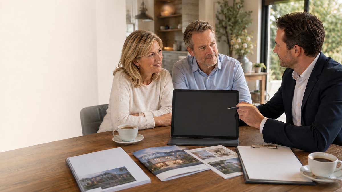 Aankoopmakelaar in gesprek met kopers aan tafel